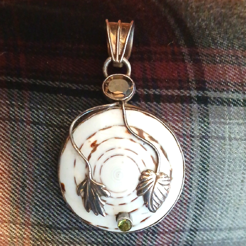Sterling Silver and Shiva Shell Pendant  with Leaf Design